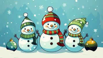 Cartoon style Yuletide artwork cute snowmen and ornaments.. Generative AI photo