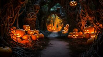 Tunnel of pumpkins with jack o lanterns on them. Generative AI photo