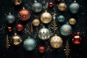 Artistically arranged Christmas ornaments in a festive. Generative AI photo