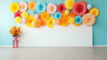 Colorful paper fans hanging on a wall. Generative AI photo