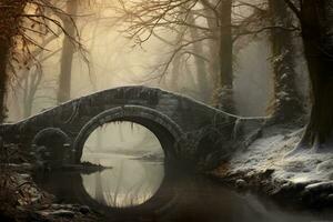 An old world bridge leading to winter. Generative AI photo