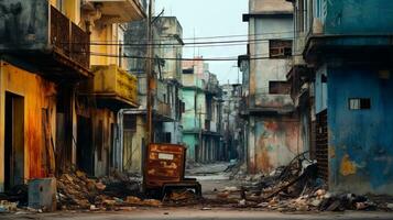 Neglected and deteriorating urban structures, visual pollution. Generative AI photo