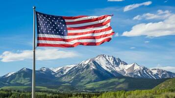 American flag flying in front of a mountain range. Generative AI photo