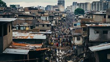 Urbanization and the growth of city slums. Generative AI photo