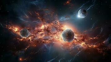 Group of planets flying through a space filled with stars. Generative AI photo