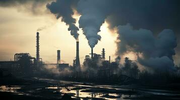 Polluted air in industrial area with factory smoke. Generative AI photo