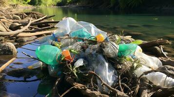 Plastic waste in vegetation along riverbank. Generative AI photo