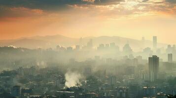 Polluted air over densely populated city. Generative AI photo