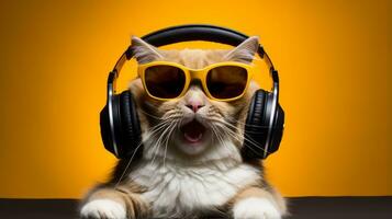 Quirky Cat Grooving with Oversized Headphones. Generative AI photo