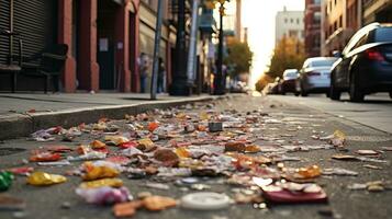 Littered streets with candy wrappers. Generative AI photo