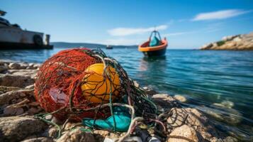 Littering in coastal town with discarded fishing gear. Generative AI photo