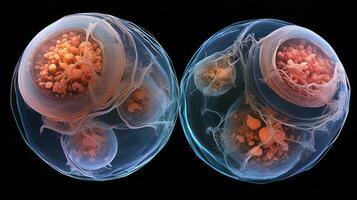 Mutated animal embryos under microscope. Generative AI photo