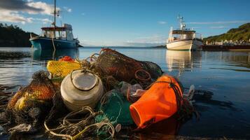 Littering in coastal town with discarded fishing gear. Generative AI photo