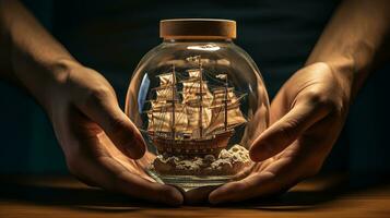 Hands assembling ship in bottle. Generative AI photo