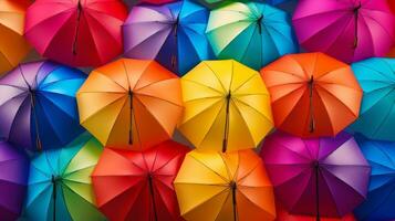 Umbrellas under a rainbow during a drizzle. Generative AI photo