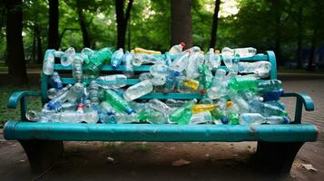 Park bench covered in plastic bottles. Generative AI photo