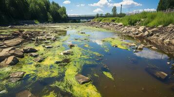 químico contaminación conmovedor acuático vida en río. generativo ai foto