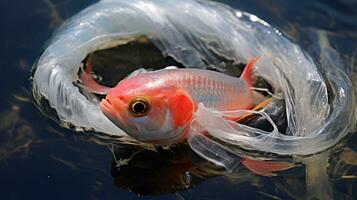 pescado atrapado en un descartado el plastico anillo. generativo ai foto