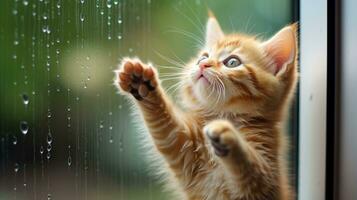 linda gato molesto a captura gotas de lluvia. generativo ai foto