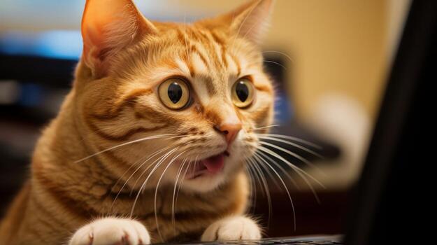 de gato perplejo expresión a computadora. generativo ai foto