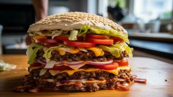 barbacoa hamburguesa con en capas asamblea. generativo ai foto