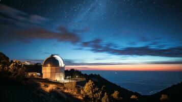 Telescope on top of a hill at night. Generative AI photo