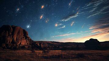 noche cielo lleno con estrellas y disparo cometas generativo ai foto