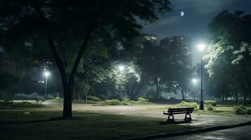 Park bench in the middle of a park at night. Generative AI photo