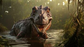 Artistic reconstruction of Ceratosaurus in swamp. Generative AI photo