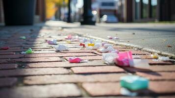 Sidewalk cluttered with chewing gum. Generative AI photo