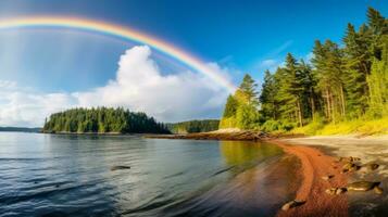 Rainbow above a coastal inlet. Generative AI photo