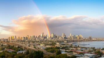 Rainbow over a cityscape. Generative AI photo