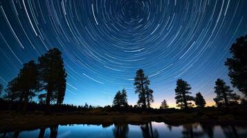 Time lapse photograph star trails night sky. Generative AI photo