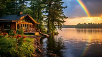 Rainbow over a lakeside cabin. Generative AI photo