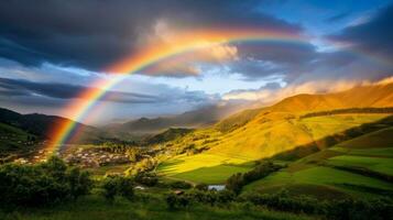 Rainbow over a countryside. Generative AI photo