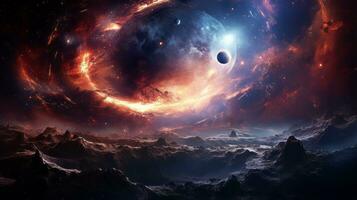 Surreal cosmic scene wormhole galaxies. Generative AI photo