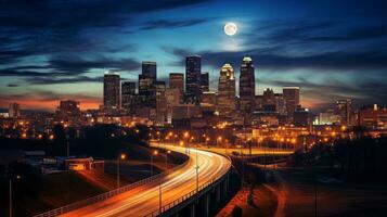 hora lapso salida de la luna ciudad horizonte. generativo ai foto