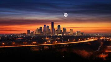 View of a city at night with the moon in the sky. Generative AI photo