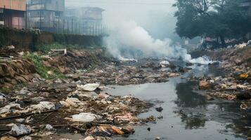 Polluted urban stream with visible pollution. Generative AI photo