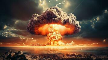 Nuclear explosion with a mushroom cloud. Generative AI photo