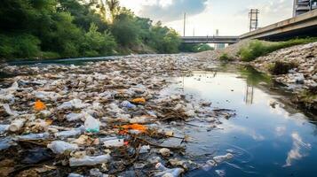 un contaminado río con el plastico escombros. generativo ai foto