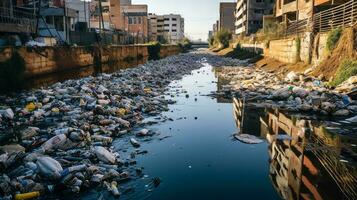 contaminado urbano canal con basura y contaminantes generativo ai foto