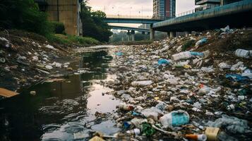 Polluted river with garbage and debris. Generative AI photo