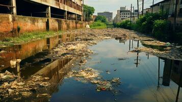 contaminado urbano canal con visible contaminantes generativo ai foto