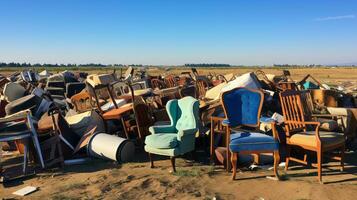 Landfill site with piles of discarded furniture. Generative AI photo