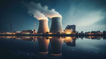 A nuclear power plant at night with lights shining. Generative AI photo