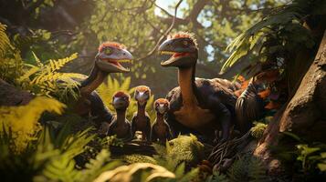 Oviraptor dinosaurs guarding nests. Generative AI photo