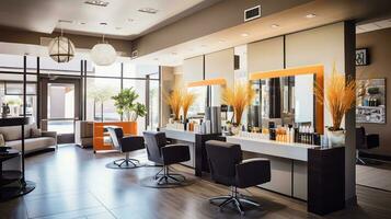 Hair salon's welcoming reception area. Generative AI photo