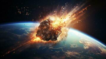 Exploding rock in space with earth in the background. Generative AI photo