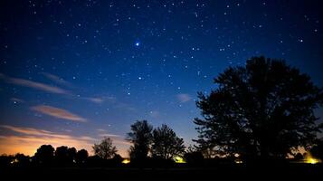 Night sky with stars and trees in the foreground. Generative AI photo